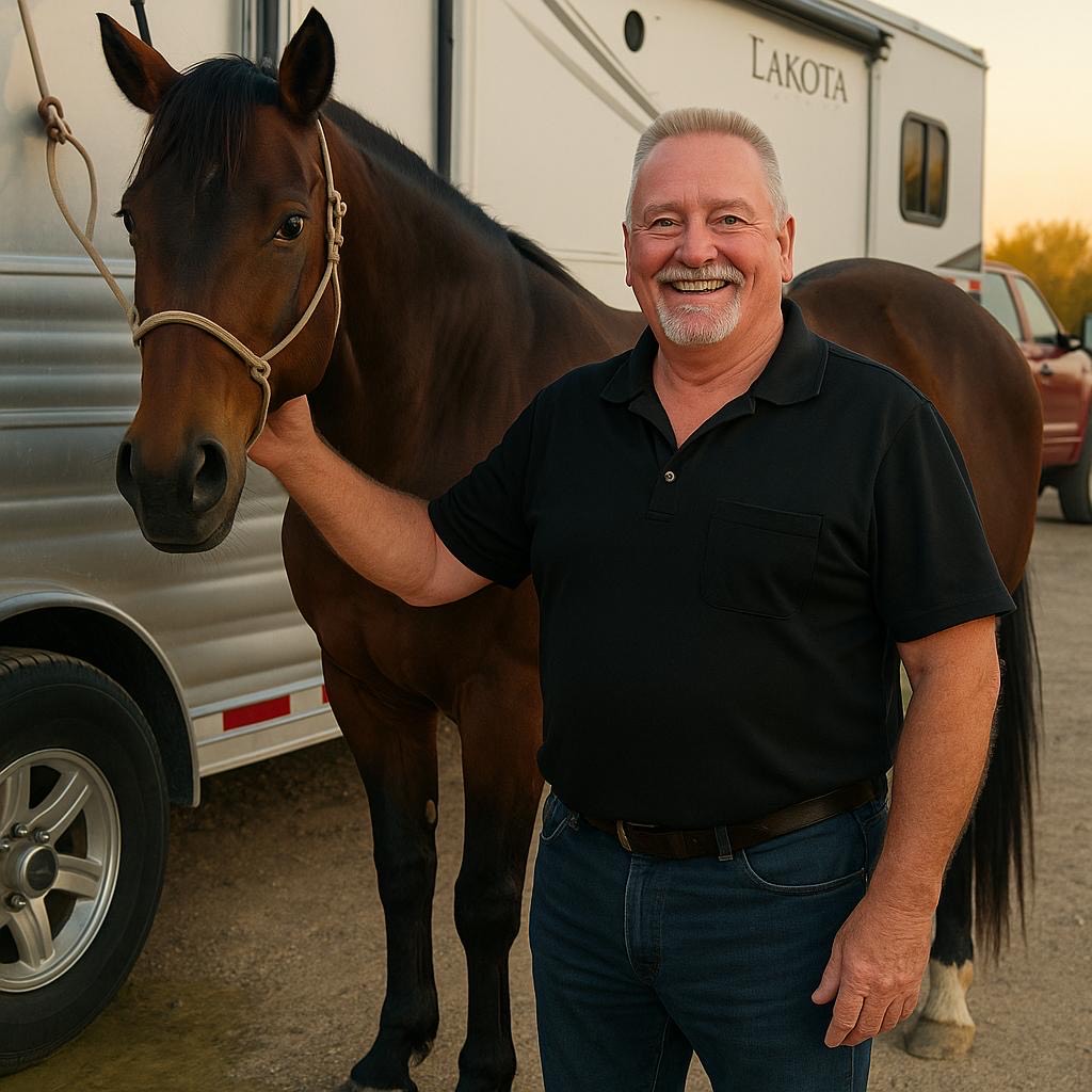 Patrick Casey holding a calm horse by the halter